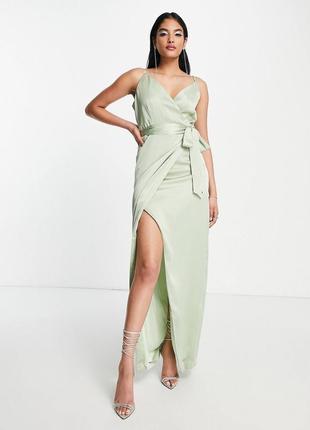 Зеленое атласное платье макси с запахом и поясом liquorish bridesmaid2 фото