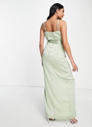 Зеленое атласное платье макси с запахом и поясом liquorish bridesmaid3 фото
