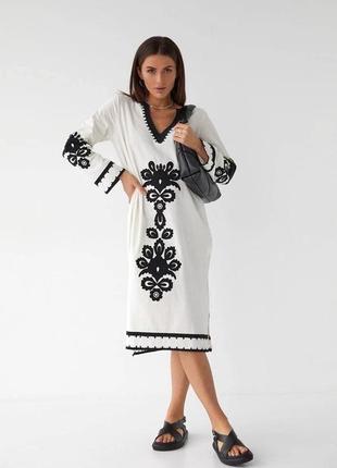 Колоритное платье вышиванка, платье миди в этническом стиле, украинское платье