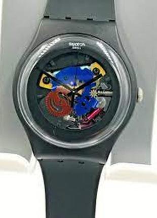 Часы swatch черные лакированные suob101 с открытым механизмом скелетон