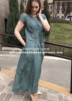 Платье алина зеленый меланж льняное,галерея льна, 44-56рр.3 фото