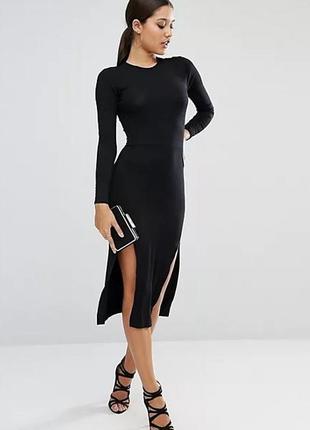 Черное миди платье по фигурке с разрезами вискозное asos
