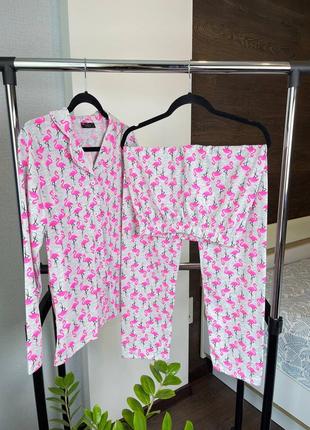 Серая натуральная хлопковая пижама/домашний костюм рубашка и брюки фламинго s-xl2 фото