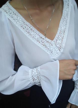 Белая блузка с длинным рукавом, лёгкая блузка с кружевом, школьная блуза4 фото
