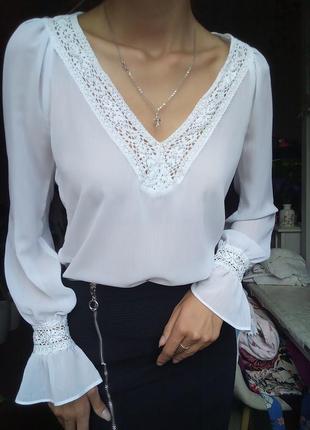 Белая блузка с длинным рукавом, лёгкая блузка с кружевом, школьная блуза3 фото