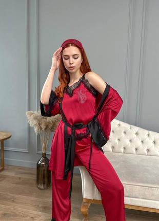 Гладка бордова піжама "вікторія сікрет", зі стразами. комплект 5в1 + пильовик (мішечок)