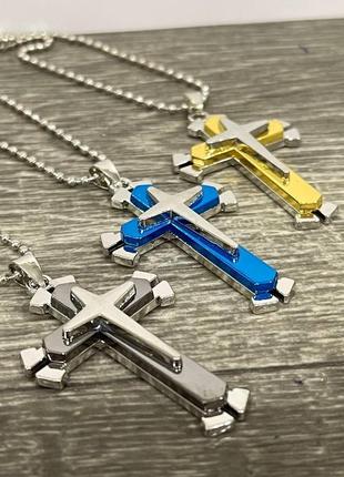 Трехслойный крест ювелирная сталь с синей вставкой на прочной цепочке - классический подарок парню девушке2 фото