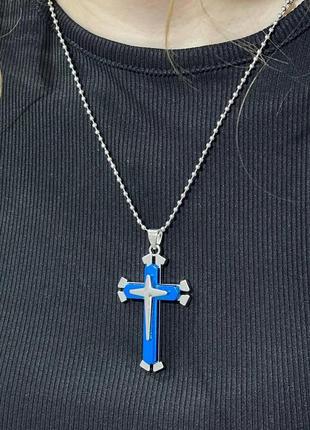 Трехслойный крест ювелирная сталь с синей вставкой на прочной цепочке - классический подарок парню девушке3 фото