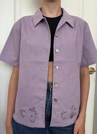 Льняная фиолетовая рубашка с вышивкой с коротким рукавом