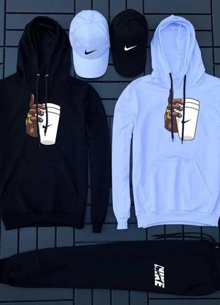 Спортивный костюм найк nike с принтом нашивкой худи с капюшоном футболка штаны на манжетах комплект черный белый мужской натуральный