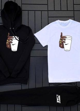 Спортивный костюм найк nike с принтом нашивкой худи с капюшоном футболка штаны на манжетах комплект черный белый мужской натуральный