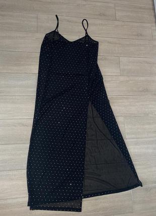 Довга сітка-сукня зі стразами з розрізом на ніжці, пляжна туніка плаття на купальник  або облягаючу сукню1 фото