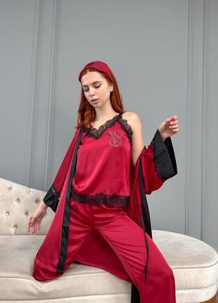 Гладка однотонна піжама "вікторія сікрет", зі стразами. комплект 5в1 + пильовик (мішечок)