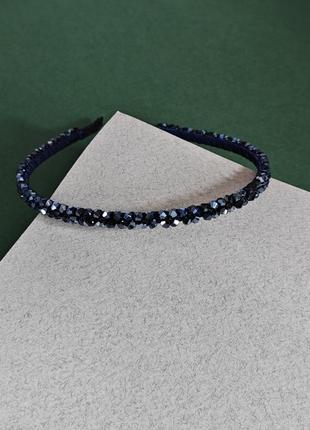 Обруч для волос, стеклярус, темно-синий