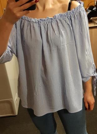 Нежная блуза свободного кроя в полоску с открытыми плечами, chicoree, p. xl +4 фото