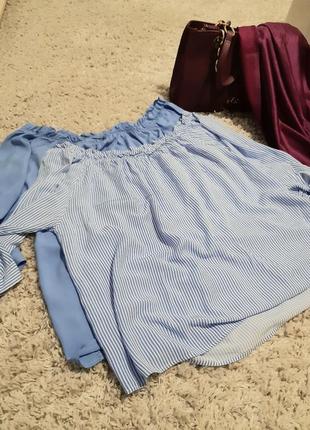 Нежная блуза свободного кроя в полоску с открытыми плечами, chicoree, p. xl +9 фото