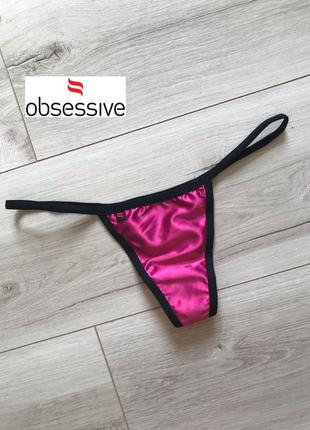 Розовые атласные женские трусики стринги с черным ободком obsessive1 фото
