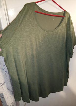 Натуральна,трикотажна блузка-футболка з манжетом,хакі,мега батал,h&m2 фото