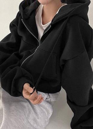 Зіп худі жіноче однотонне оверсайз на блискавці з кишенями з капішоном якісне стильне трендове чорне графітове