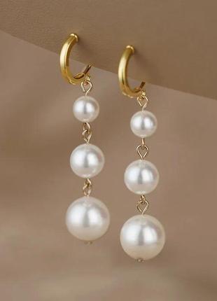 Модні сережки перлові довгі перли вечірні висячі елегантные перлина сережки1 фото