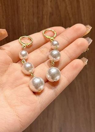 Модні сережки перлові довгі перли вечірні висячі елегантные перлина сережки2 фото
