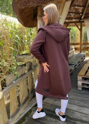 Кардиган женский однонтонный на флисе с капишоном качественный стильный теплый фрез коричневый3 фото