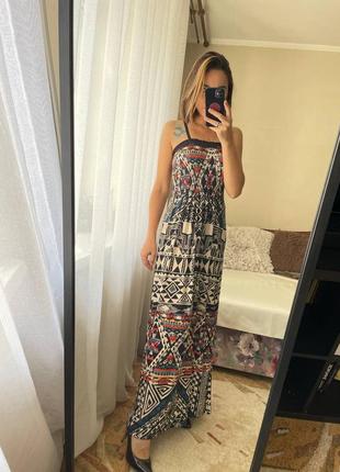 Платье макси длинное на бретелях xs-s с принтом летнее