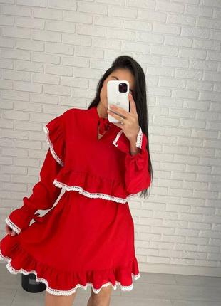 Платье короткое на длинный рукав свободного кроя с кружевом черная красная качественная стильная трендовая8 фото
