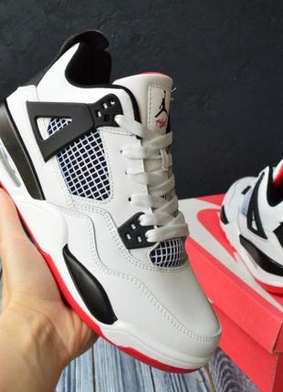 Nike air jordan retro 4 кросівки чоловічі шкіряні топ найк джордан високі осінні білі з червоним чорним