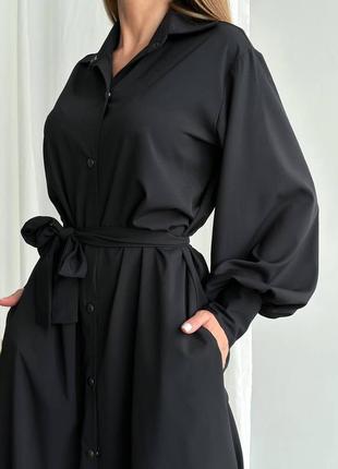 Черное миди платье с поясом5 фото
