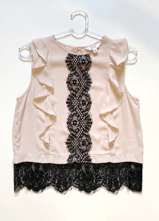 Eur 38 пудровая блузка без рукава блуза с черным кружевом и рюшами