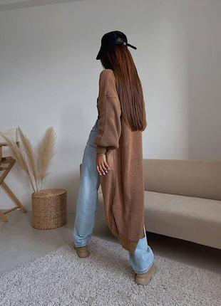 Очень стильный женский длинный теплый объемный кардиган весна/осень с боковыми карманами цвет коричневый4 фото