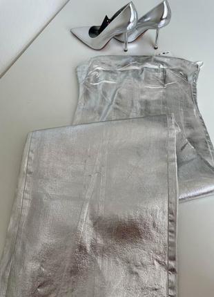 Серебряное миди платье zara с разрезом туфли серебро оригинал6 фото