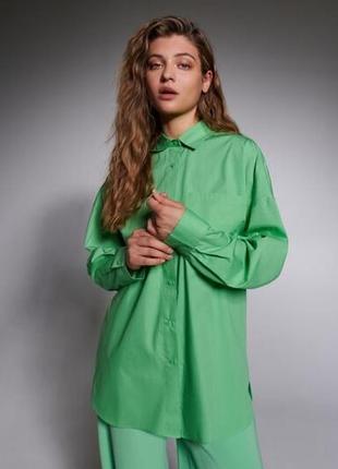 Зелена котонова сорочка оверсайз натуральна хлопковая рубашка блуза натуральная салатовая