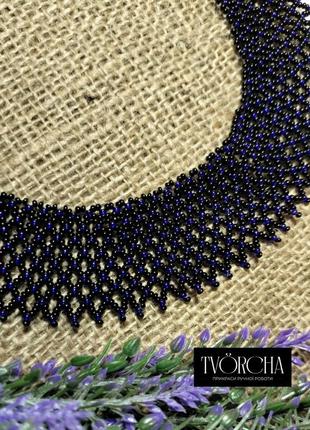 Ожерелье «силья» в черно-синем цвете. украшение из бамера ручной работы. чекер. гердан6 фото