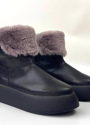 Женские угги ботинки луноходы кожаные черные зимняя теплая обувь на меху cosmo shoes freedom leather