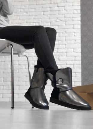 💖ugg bailey button black silver💖уггі жіночі зимові високі шкіряні чоботи-угі