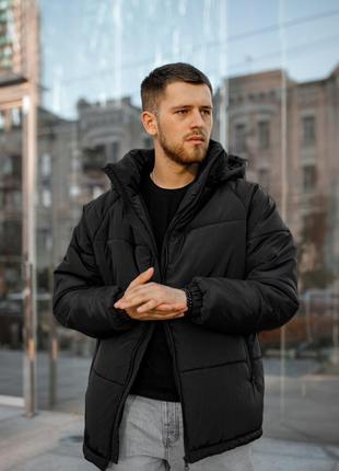 Зимова куртка чоловіча чорна до -25 градусів з капюшоном середньої довжини