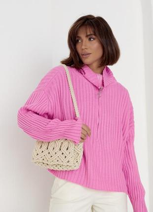 Женский свитер с молнией на воротнике цвет:розовый2 фото