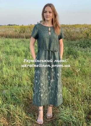 Сукня мілена зелений меланж льняна, галерея льону, 44-56рр.2 фото