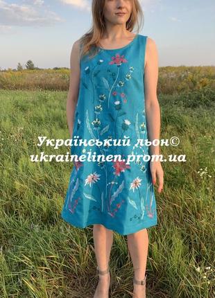 Сукня ребека бірюзова льняна, галерея льону, 42-50рр.3 фото