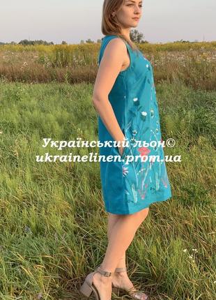 Сукня ребека бірюзова льняна, галерея льону, 42-50рр.5 фото