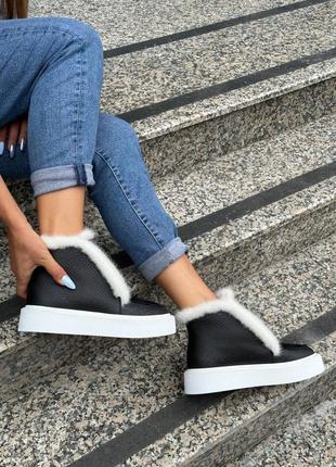 Черные кожаные ботинки с опушкой из белой норки цвет на выбор6 фото