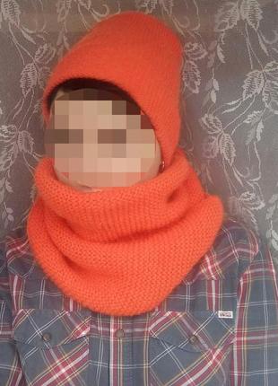 Ярко оранжевый комплект шапка бини+шарф снуд ручная работа мохер шерсть акрил