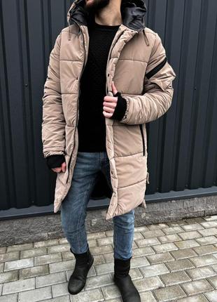 Куртка чоловіча зима зимова подовжена з капюшоном бежева3 фото