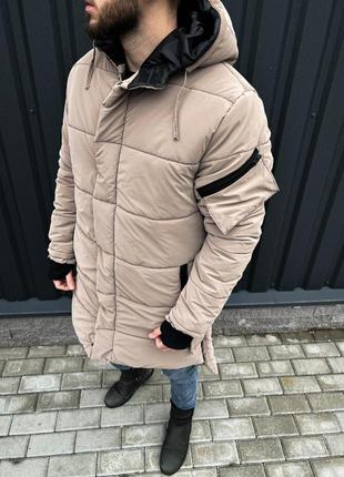 Куртка чоловіча зима зимова подовжена з капюшоном бежева2 фото