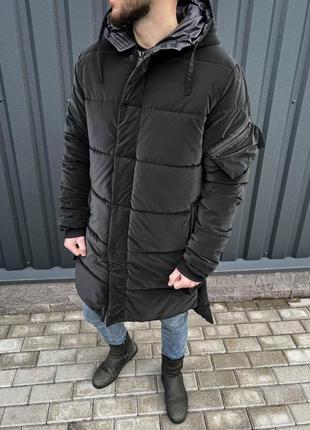 Куртка мужская зимняя зимняя удлиненная с капюшоном черная