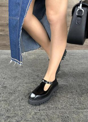 Стильные черные туфли женские, на толстой подошве, осенние, демисезон, кожаные/кожа-женская обувь7 фото