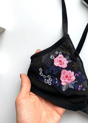 👙восхитительный чёрный бралет с цветами/бра с нашивками/лиф сеточка с вышивкой👙6 фото
