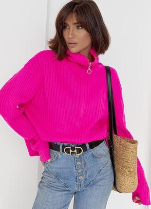 Жіночий светр з блискавкою на комірі вільного фасону фуксія